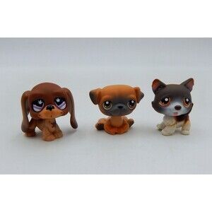Littlest Pet Shop LPS Brown White Husky #174 Tan Pug #2 Bassett Hound Dogs #665